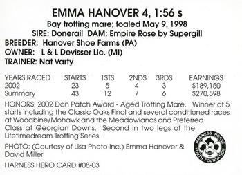 2003 Harness Heroes #8-03 Emma Hanover Back